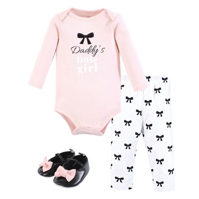 Hudson Baby Infant Girl Cotton Bodysuit, Pant and Shoe Set, Black Bow