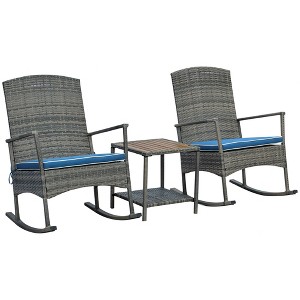 Outsunny 3 Pieces Outdoor PE Rattan Rocking Chair Set, Patio Wicker Recliner Rocker Chair with Soft Cushion & Nature Wood Top Coffee Table, for Garden Backyard Porch - 1 of 4