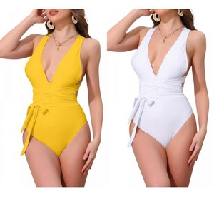 INSPIRE CHIC Women's Deep V Neck Criss Cross Tummy Control High Cut Swimwear Monokini Bikini Suits 2 Sets - 1 of 4