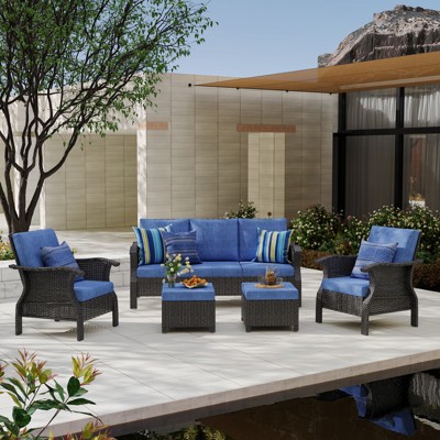 SUGOLD 5-Person Hand Woven Wicker Patio Conversation Set with Blue Cushions