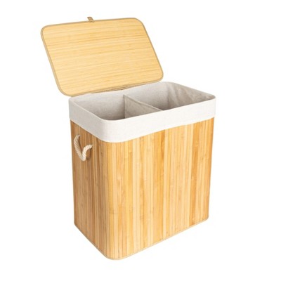 Natural Bamboo Double Laundry Hamper with Rope Handles and Lid
