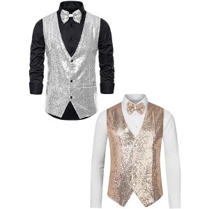 Lars Amadeus Men's Shiny Sequin Sleeveless Tuxedo Vest Set with Bow Tie 2 Packs - 1 of 4