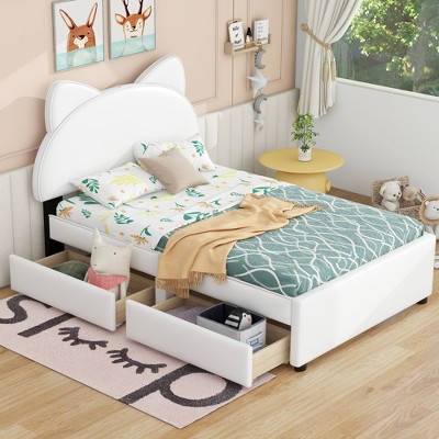 NicBex Twin/Full Size Upholstered Platform Bed with Cartoon Ears Shaped Headboard and 2 Drawers for Kids Teens Adults