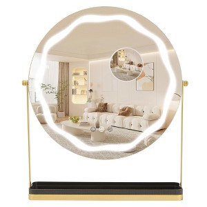 LED Vanity Mirror with Storage ¨C Gold, 360¡ã Swivel, 3-Color Dimmable Lighting, Touch Control, Desktop Makeup Mirror for Bedroom - 1 of 4