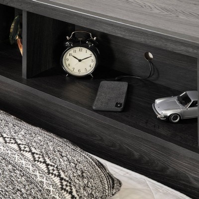 Gray Oak Twin Bed with Upholstered Headboard and Storage Drawers