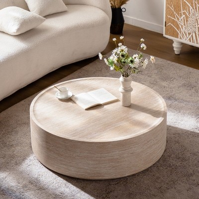 Modern Drum-Style Round Coffee Table with Marble Texture Pattern, No-Assembly Accent Table for Living Room or Apartment – The Pop Home