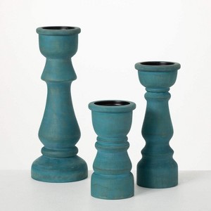 Sullivans Turquoise Wood Pillar Candle Holders Set of 3, 13.25"H, 10"H & 7.5"H Multicolored - 1 of 4