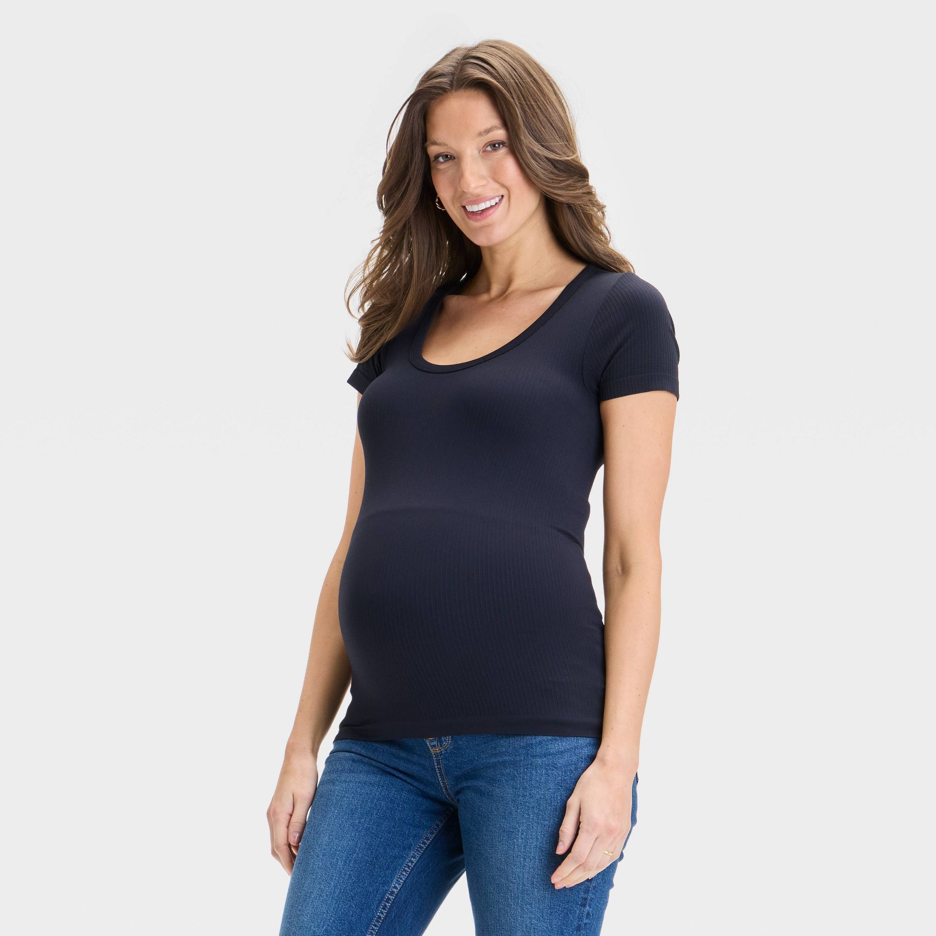 Short Sleeve Ribbed Seamless Maternity T-Shirt - Isabel Maternity by Ingrid & Isabel™ Black L: Lightweight Recycled Nylon Blend, Crew Neck