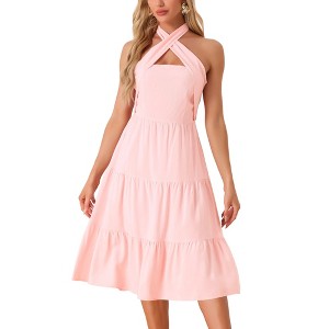 Allegra K Women's Slim Fit Sleeveless Tiered Party Cocktail Halterneck Smocked Dress - 1 of 4