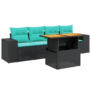 vidaXL 5 Piece Patio Sofa Set with Cushions Black Poly Rattan - Black without storage - 1 of 4