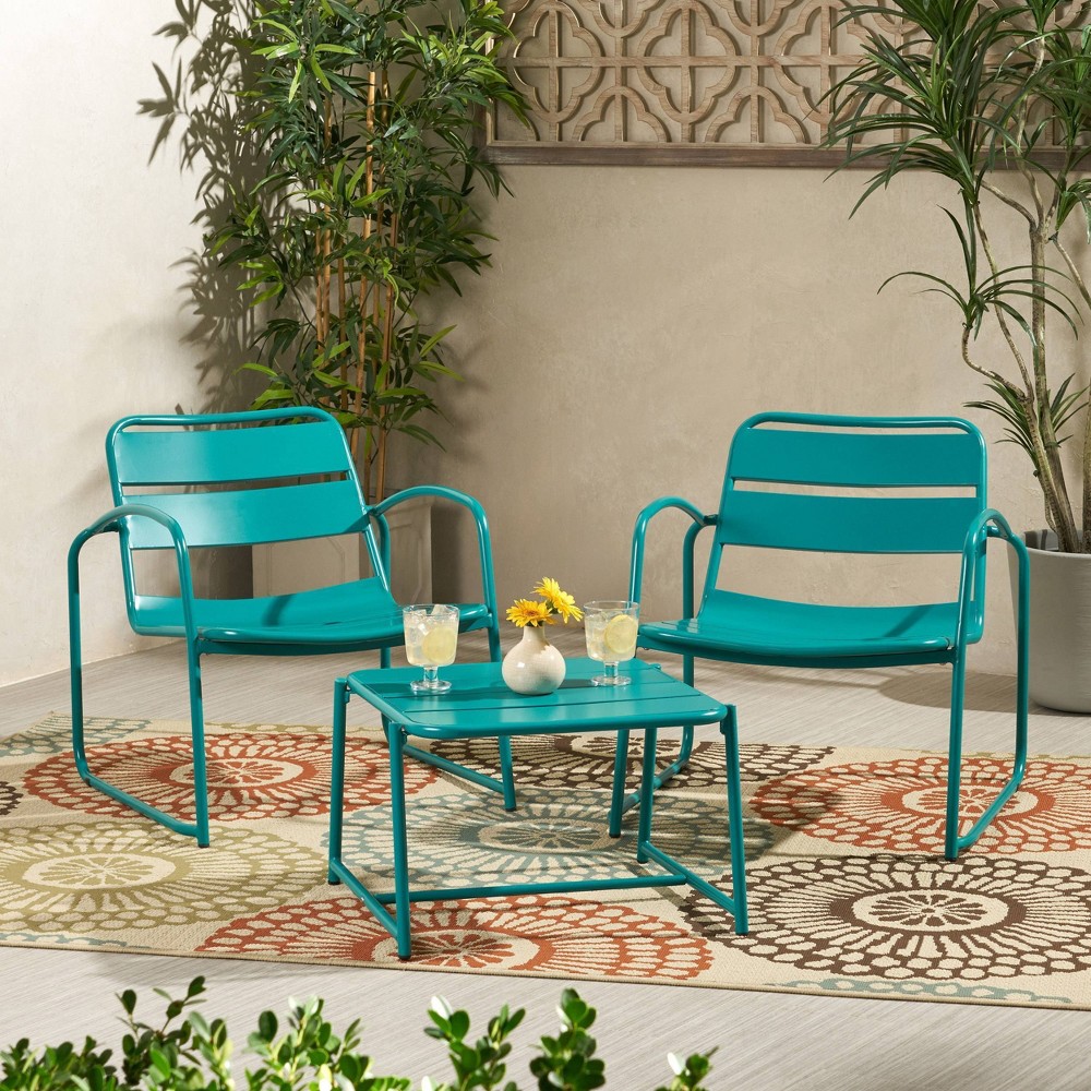 Photos - Garden Furniture Cowan 3pc Iron Modern Chat Set - Matte Teal - Christopher Knight Home