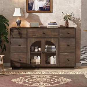 55" Sideboard Buffet with 7 Drawers & Glass Cabinet, Modern Accent Chest Storage with Adjustable Shelves for Living Room-3irtyhousy - 1 of 4