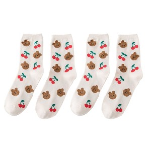 Anna-Kaci Women's 3 Pairs Knit Socks with Cute Cartoon Fruit and Animal Patterns Soft Stretch Fabric Ribbed Cuffs - 1 of 4