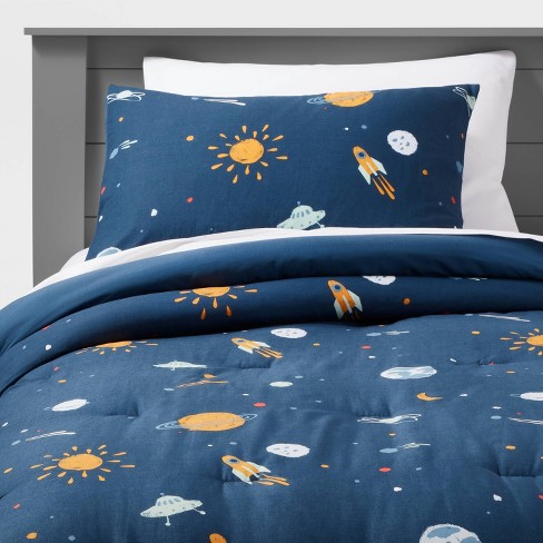 Twin Space Kids Comforter Set Navy Pillowfort Cotton Spaceship Pattern Oeko tex Certified Includes Sham Target