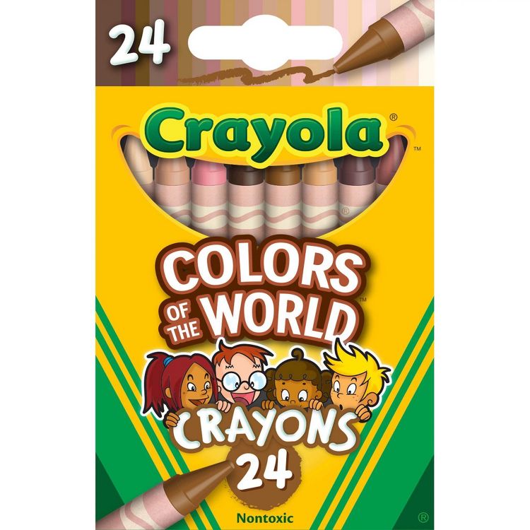A box of Crayola "Colors of the World" crayons containing 24 different shades, with cartoon characters on the packaging.