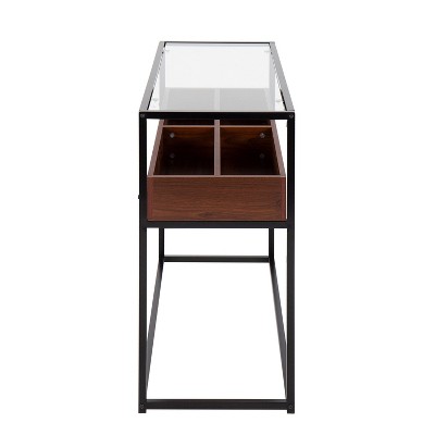 Contemporary Black Steel & Walnut Wood Console Table with Glass Top