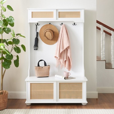 4-In-1 MDF Hall Tree Entryway With Bench And Rattan Door,4 Hooks Coat Rack And Shoe Storage,For Hallways,Living Room-Cuddlewood