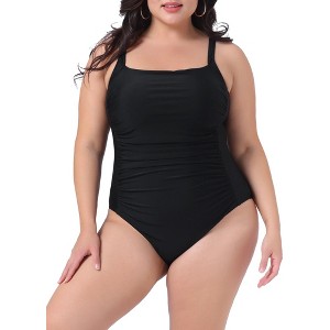 Agnes Orinda Women's Plus Size Padded Athletic Tummy Control Ruched Bathing One Piece Swimsuit - 1 of 4
