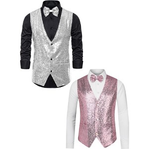 Lars Amadeus Men's Shiny Sequin Sleeveless Tuxedo Vest Set with Bow Tie 2 Packs - 1 of 4