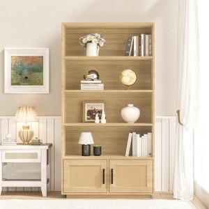 5 Tier Bookshelf with Rattan Doors, Boho Bookcase Storage for Living Room, Tall Wooden Bookshelf Stand for Bedroom Home Office - 1 of 4