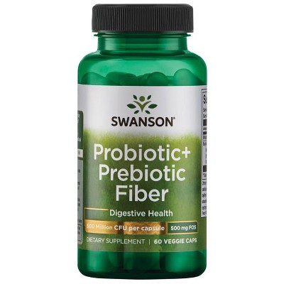 Swanson Prebiotic + Probiotic Fiber Supplement, Helps Support Digestive System & Immune Health, 500 mg FOS, 60 Veggie Capsules.