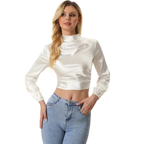 White mock neck outlet long sleeve crop top