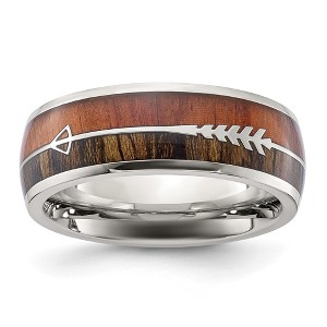 Black Bow Jewelry Men's 8mm Stainless Steel Wood & Enamel Inlay Arrow Design Domed Band - 1 of 4