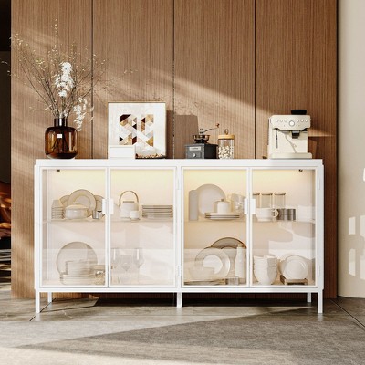 FUFU&GAGA White Buffet with Metal Frame & Glass Doors: 3 - Color Lighting for Modern Display Sideboard Bar Cabinet Pantry