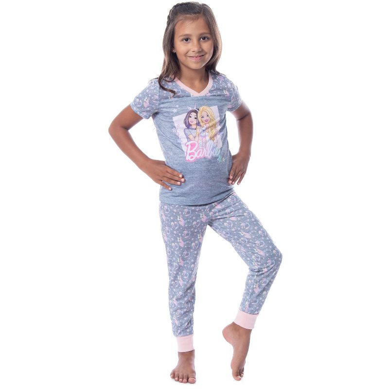 Barbie Girls' Unicorn Barbie Skipper Shirt And Pants Jogger Pajama Set Grey, 1 of 5