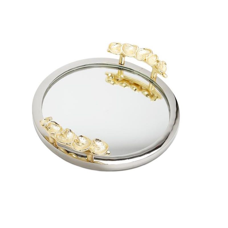 Classic Touch Round Mirror Tray with Silver Border and Gold Leaf Design Ornament on Handle 16"D, 2 of 3