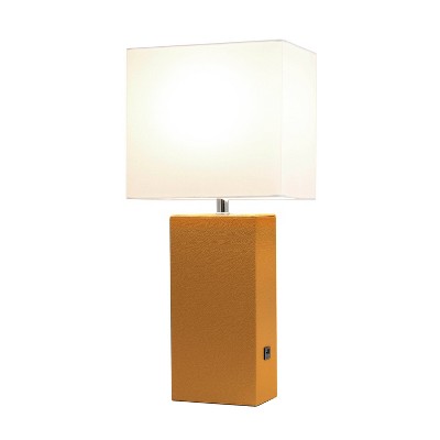 21" Tan Faux Leather Base Modern Nightstand Lamp with USB Port