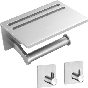 Attop Toilet Paper Holder with Shelf & 2 Hooks, Brushed Nickel Bathroom Organizer with Phone Shelf, No-Drilling Wall Mount Tissue Roll Storage - 1 of 4