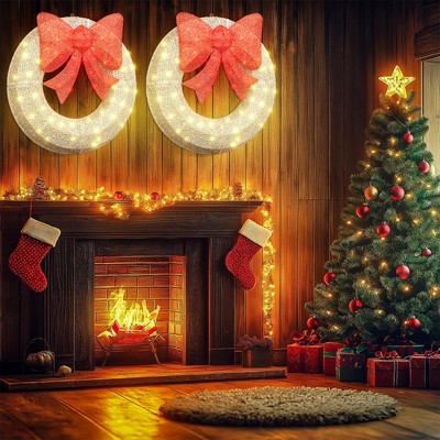 Hooseng Pre-Lit Christmas Lighted Wreath Display Decor, 35" Xmas Wreath with Bow and 90 LED Lights, Holiday Festival Vacation Decoration