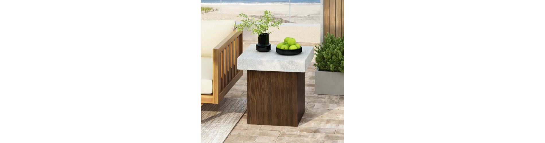 Lyngins Square Outdoor End Table, MGO Side Table with Faux Stone Top + Faux Wood Base, Patio End Table for Garden/Balcony, Outdoor Side Table