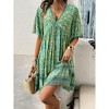 Coolmee Womens Dresses Boho Floral V Neck Short Sleeve Smocked Elastic Waist Casual A-Line Swing Mini Dress Sundress - 2 of 4