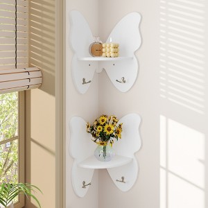 Butterfly Shaped 2 Tier Wall Shelves with Hooks, Small Floating Shelves, Cute Butterfly Wall Decor, Nursery Book Shelves for Bedroom, Living Room - 1 of 3