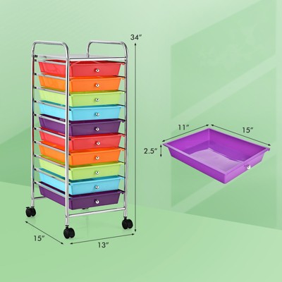Multicolor 10-Drawer Rolling Storage Cart with Chrome Frame