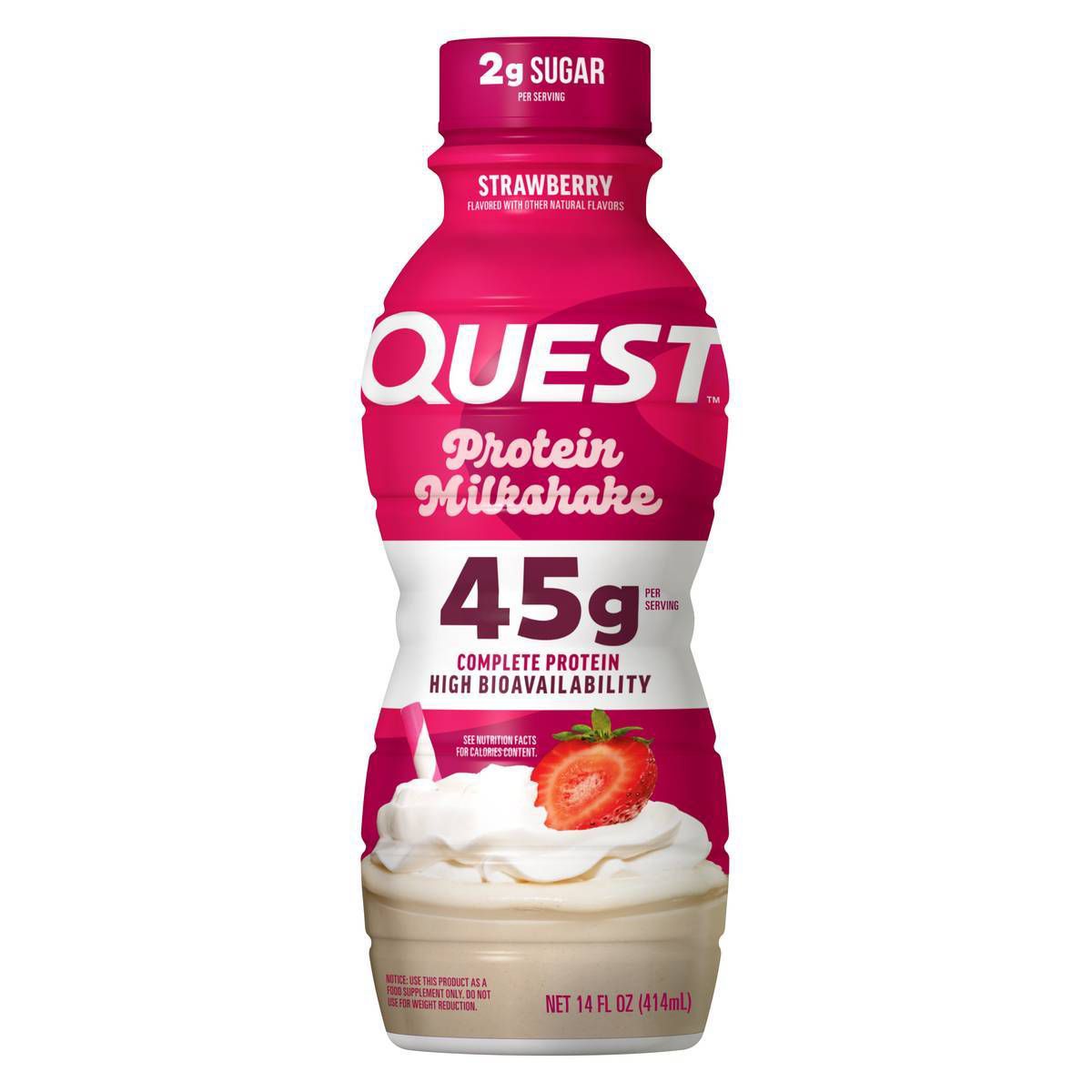 Quest 45g Protein Milkshake, Strawberry Flavored, Protein Rich, Low Sugar - 14 fl oz Bottle: Non-Caffeinated