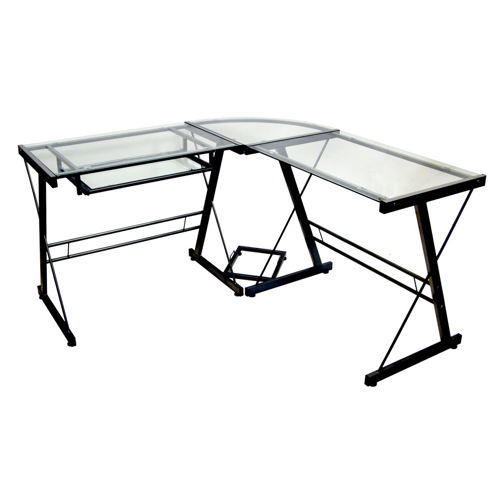 Glass L Shaped Computer Desk With Keyboard Tray Black/Clear - Saracina Home