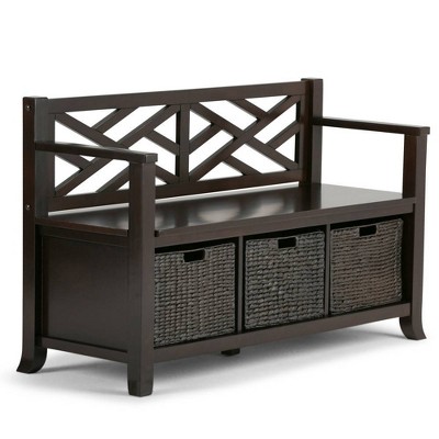 47" Nolan Solid Wood Storage Bench with Basket Storage Espresso Brown - WyndenHall