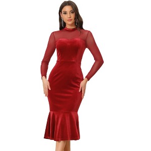 Allegra K Women's Bodycon Elegant Velvet Sheer Mesh Mock Neck Midi Cocktail Dresses - 1 of 4