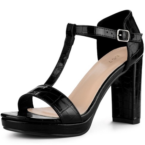 Perphy Women's Platform T-Strap Chunky Heels Ankle Strap Textured Sandals  Black 7.5