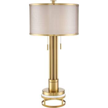 Possini Euro Design Granview Modern Art Deco Buffet Table Lamp with Brass Round Riser 36 1/4" Tall Gold Metal Double Drum Shade for Living Room House