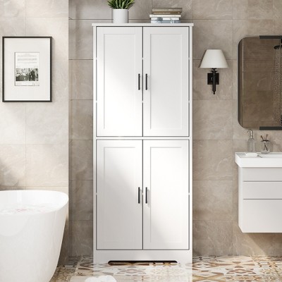 70" Tall 4-Door Pantry Cabinet - Freestanding Storage Hutch w/Adjustable Shelves
