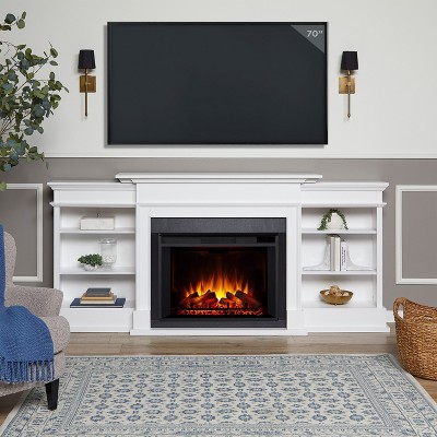 Ashton White Wood Electric Fireplace TV Stand with Shelves
