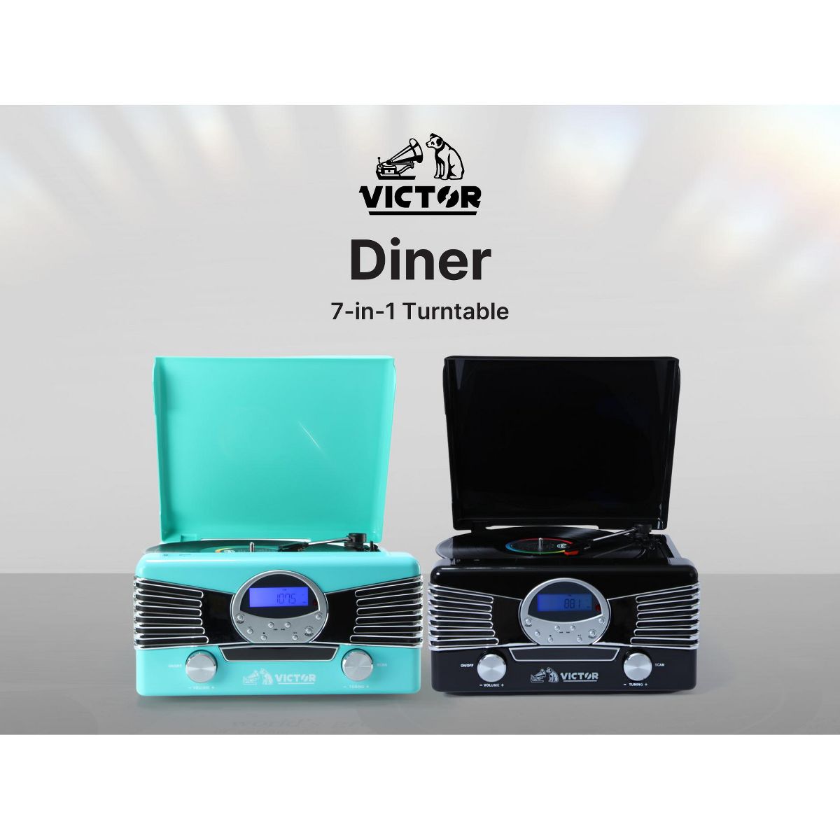 VICTOR Diner 7-in-1 Turntable Music Center with 3-Speed Record Player, CD/MP3 Player, AM/FM Radio, Dual Bluetooth In & Out, USB Playback & Record, and