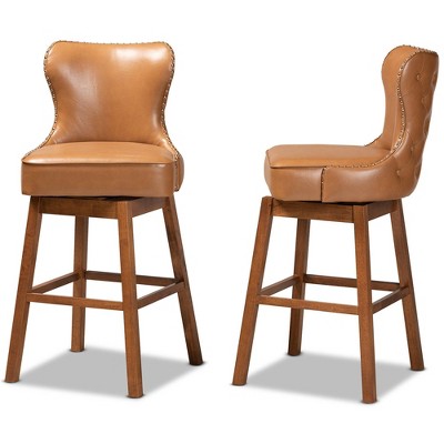 Walnut Wood and Tan Leather Swivel Barstool with Copper Accents