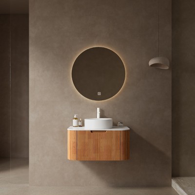 Dolonm Wall-Mounted Floating Curved Edge Vanity with Ceramic Sink, Natural Woodgrain Storage Cabinet with Soft-Close Drawer