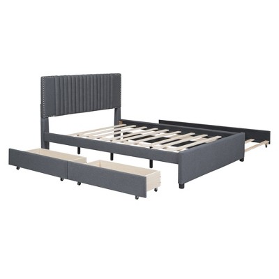 Bellemave Linen Upholstered Bed，Frame with Storage Drawers, Modern Platform Bed Frame with Headboard and Trundle Bed, No Box Spring Needed，Gray