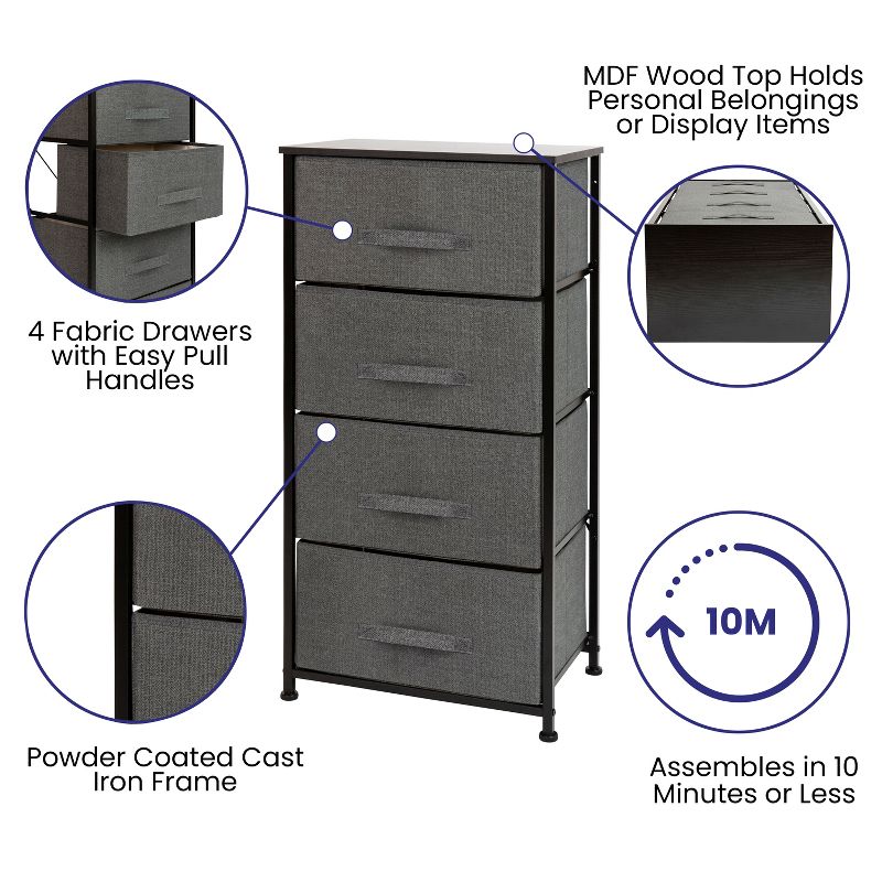Flash Furniture 4 Drawer Wood Top Cast Iron Frame Vertical Storage Dresser with Easy Pull Fabric Drawers, 4 of 12